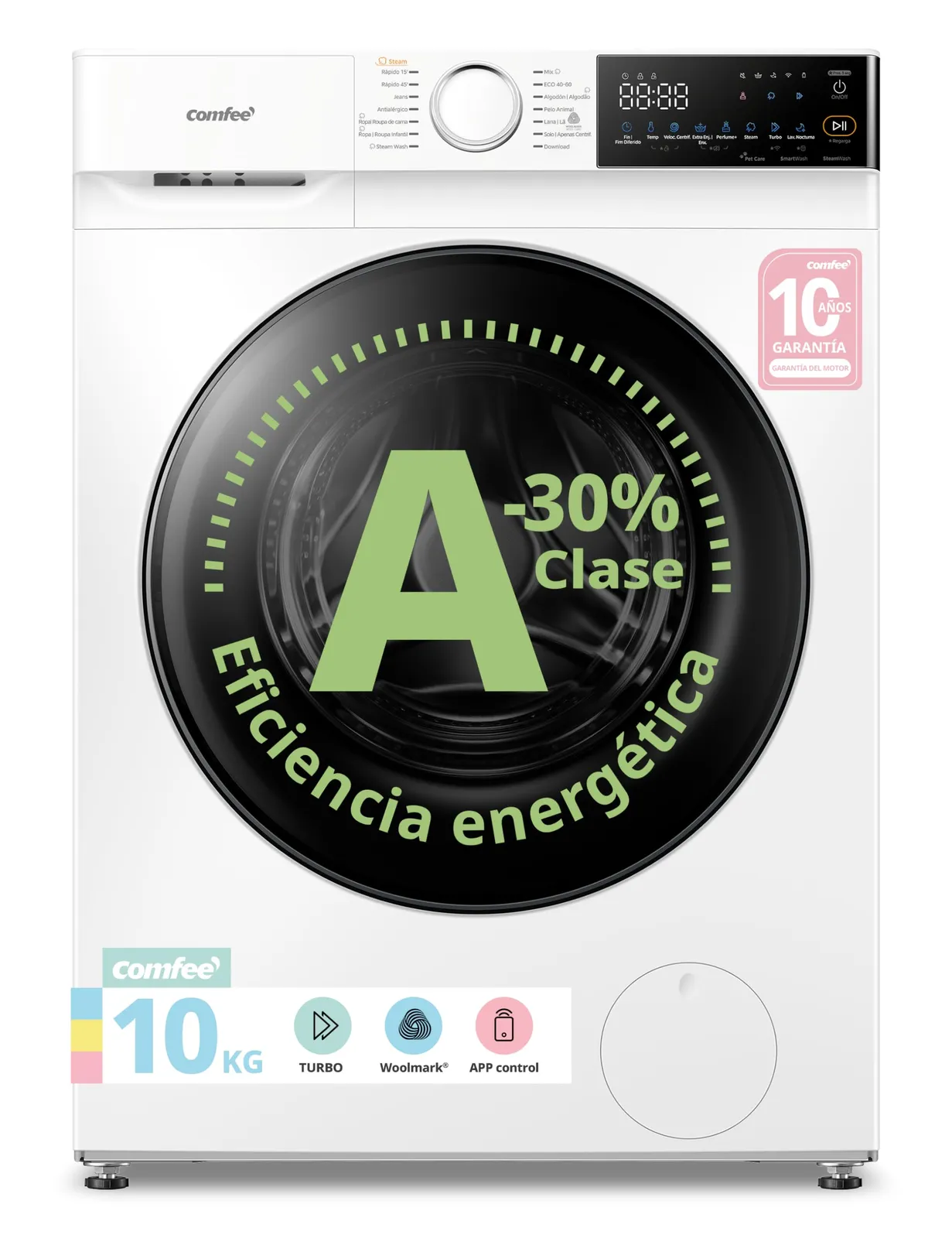 Lavadora COMFEE' 10kg, Clase A-30%, 1400 RPM, 14 programas, Control WiFi, Blanco (CF10EWP07W)
