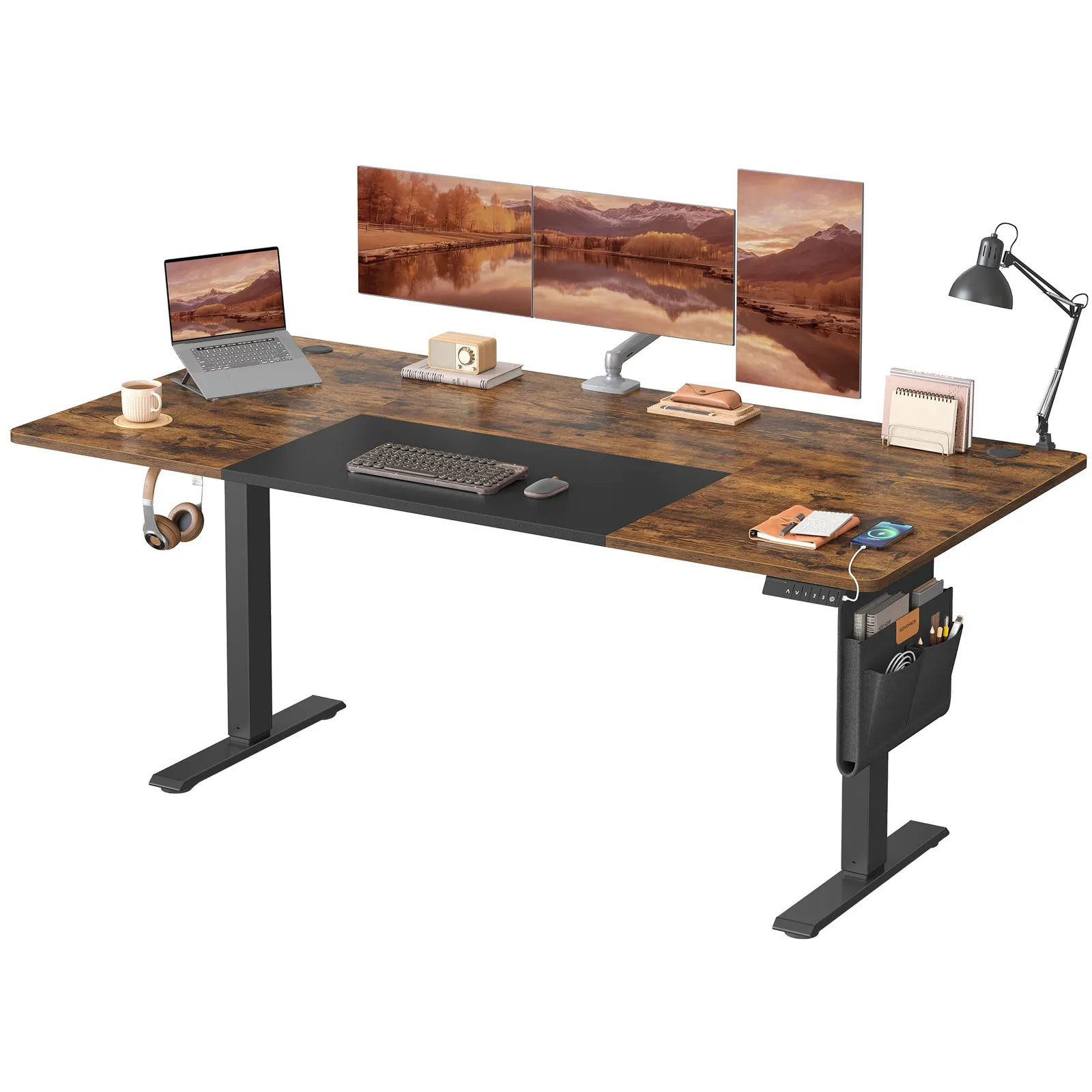 Songmics Escritorio Eléctrico Ajustable 180x80 cm con USB-C Marrón Vintage/Negro