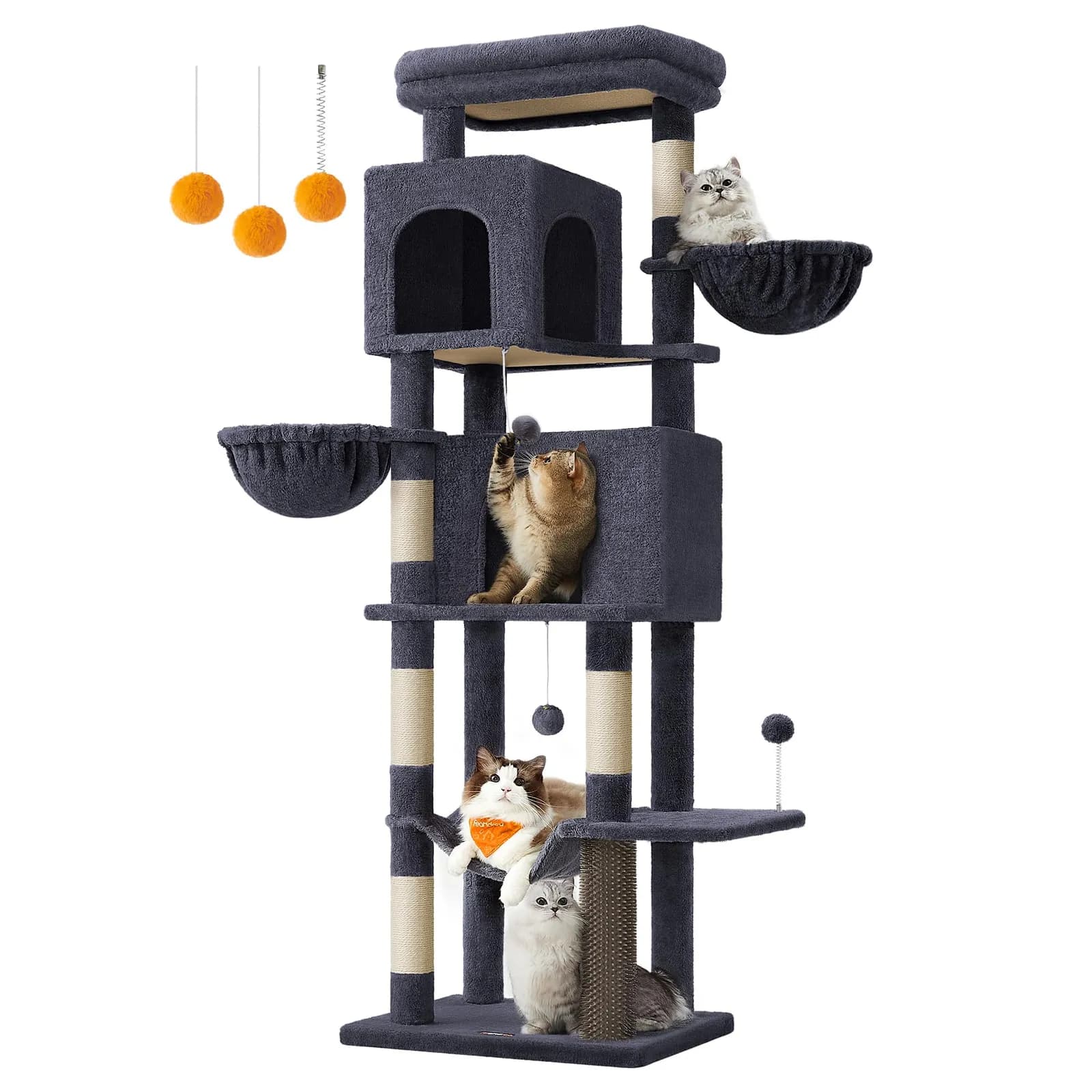 Árbol rascador grande para gatos Feandrea 175 cm con 2 cuevas, 2 cestas y 5 rascadores