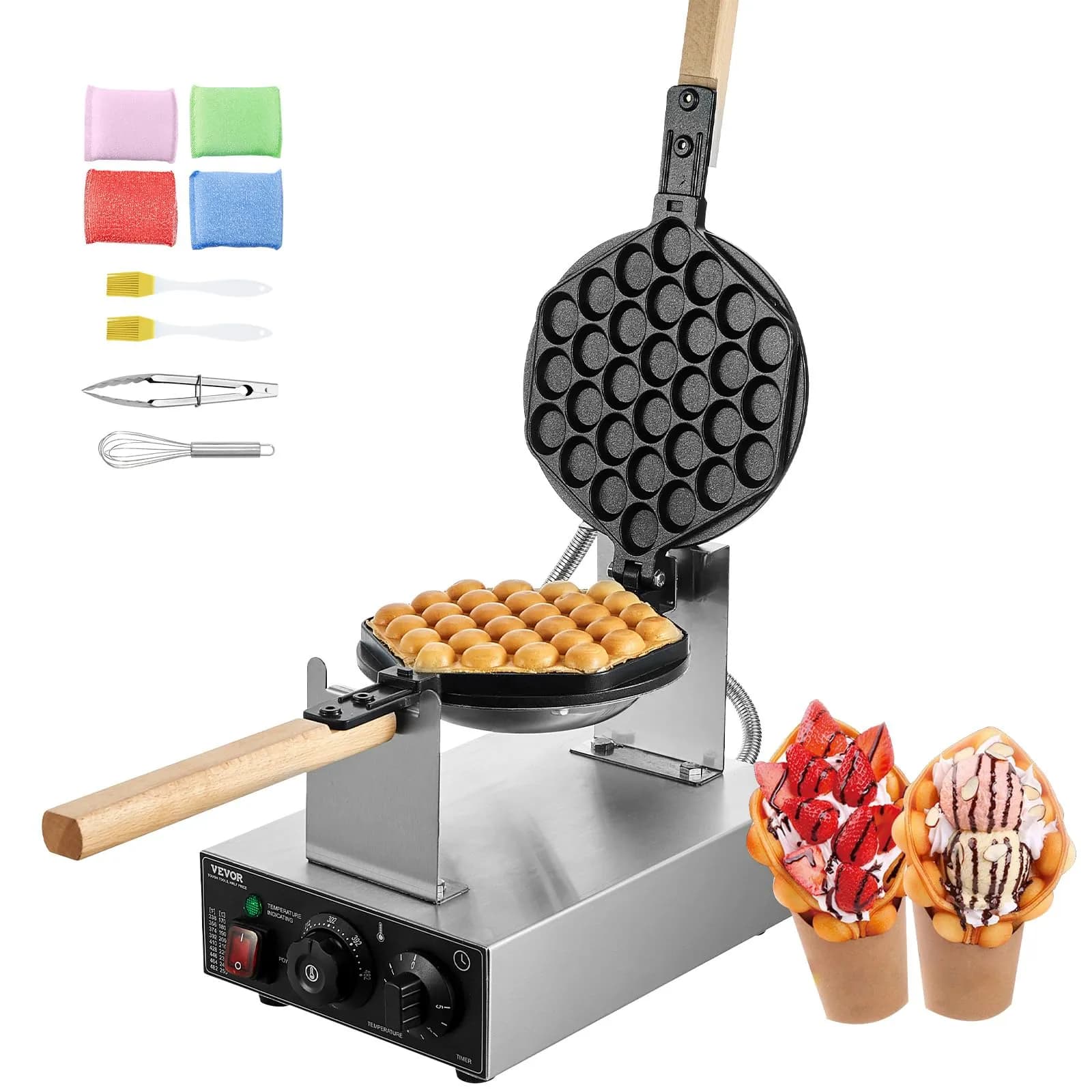 VEVOR Máquina Gofres Burbujas 1400W Acero Inox Control Temp Tiempo Mango Madera 593x220x268mm Plata