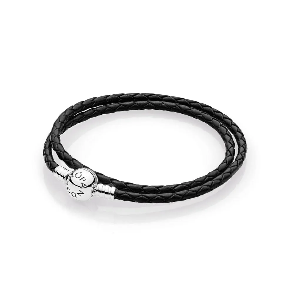 Pulsera Pandora Moments Doble Cuero Negro y Plata