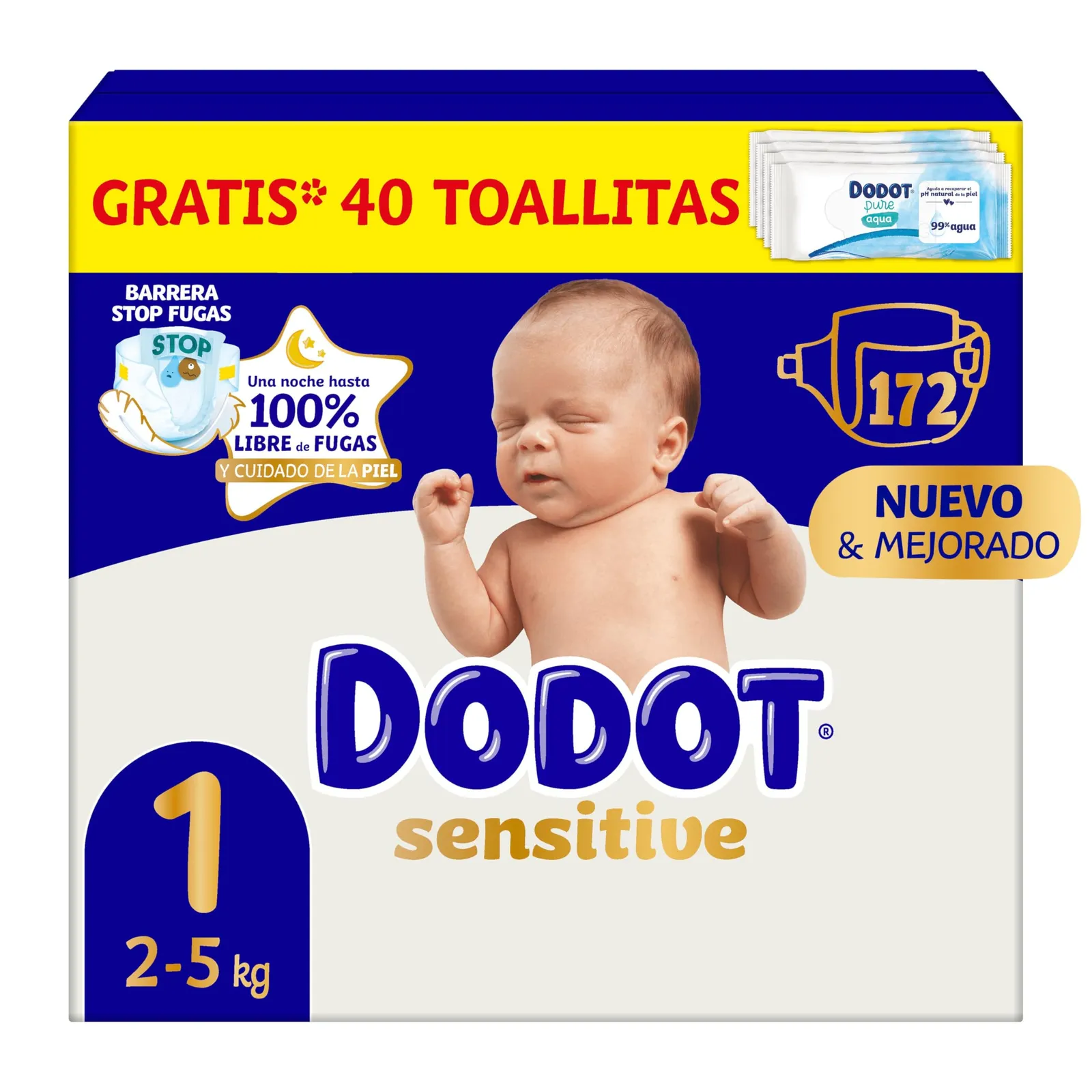 Dodot Sensitive Talla 1: 172 Pañales (2-5 kg) + 40 Toallitas Aqua Gratis