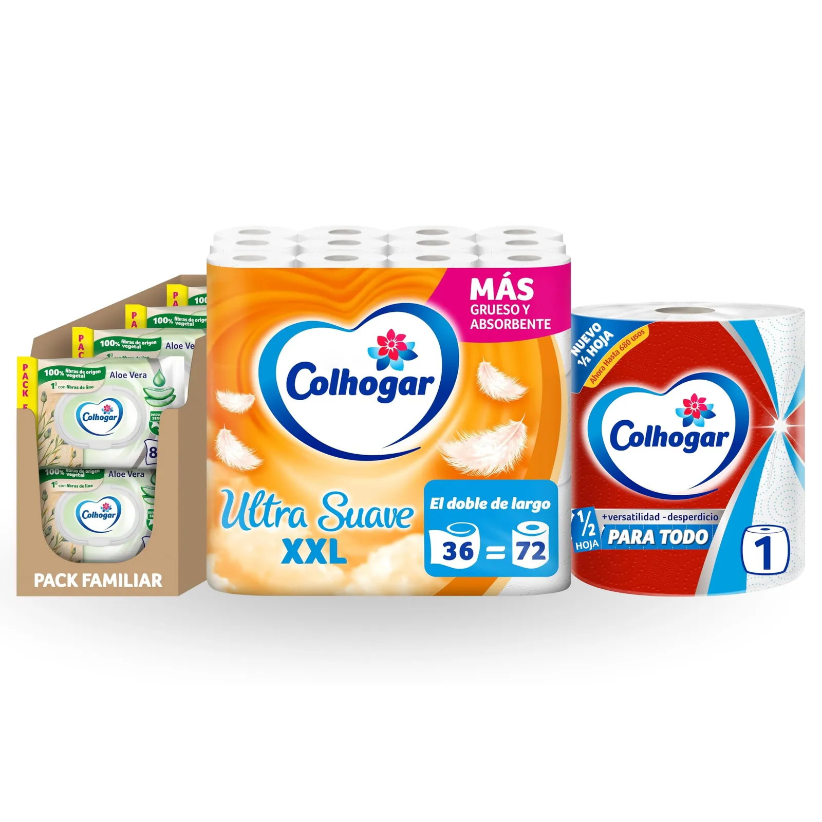 Lote Colhogar: Papel Cocina, 36 Rollos Higiénicos XXL y 640 Toallitas