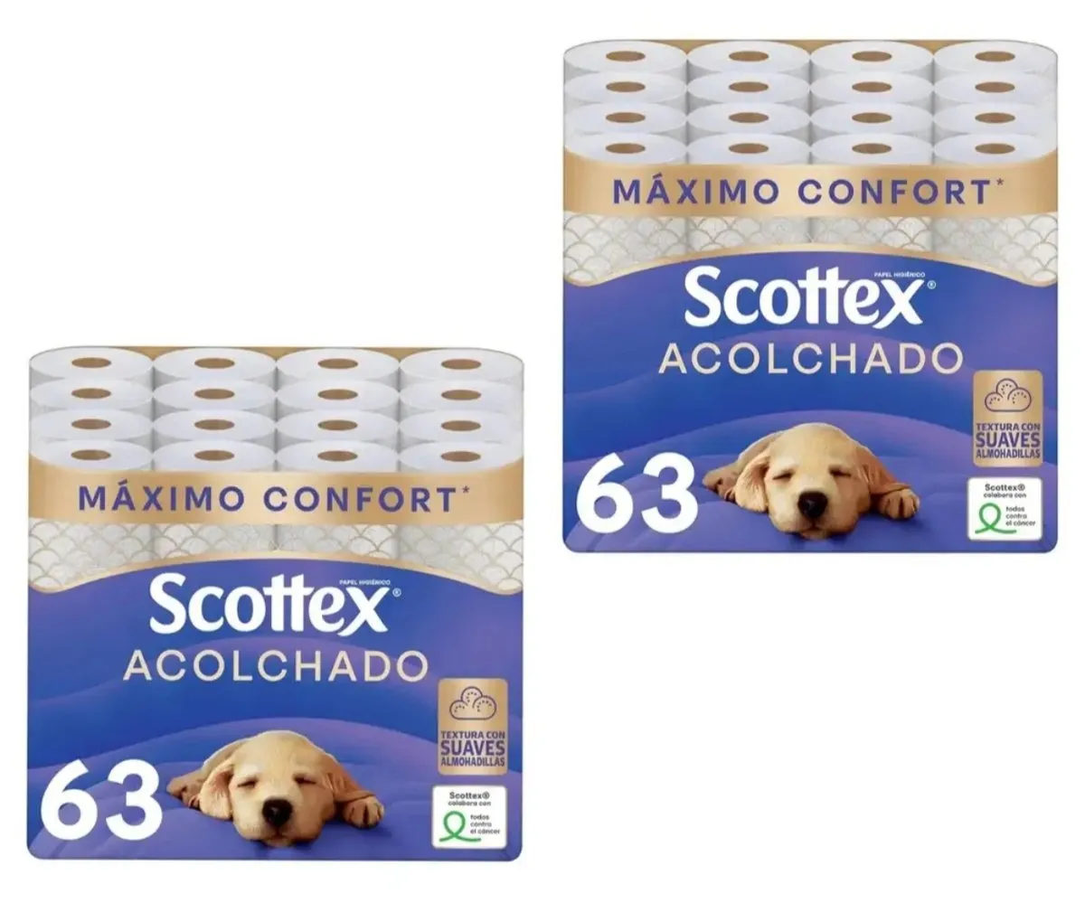 Pack 2 x 63 rollos Papel Higiénico Scottex Acolchado 3 capas (Total 126 rollos)