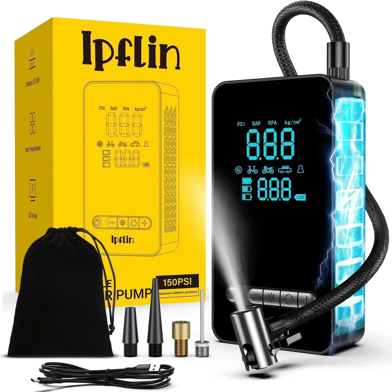 Inflador Eléctrico Portátil Ipflin 150PSI con Pantalla Digital y Parada Automática