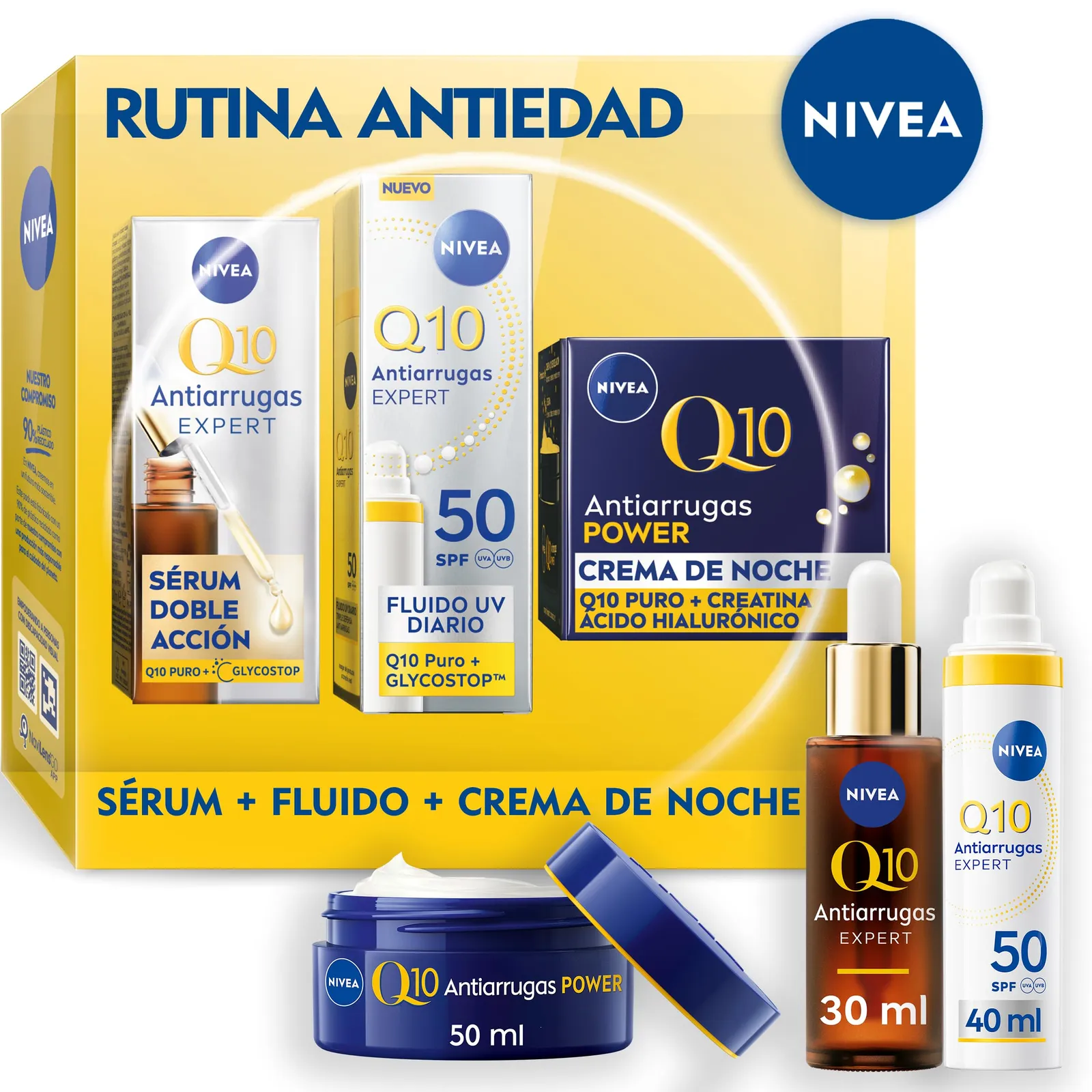 NIVEA Pack Q10 Antiedad y Antiglicación: Sérum Q10 Expert, Fluido UV SPF50 y Crema de Noche