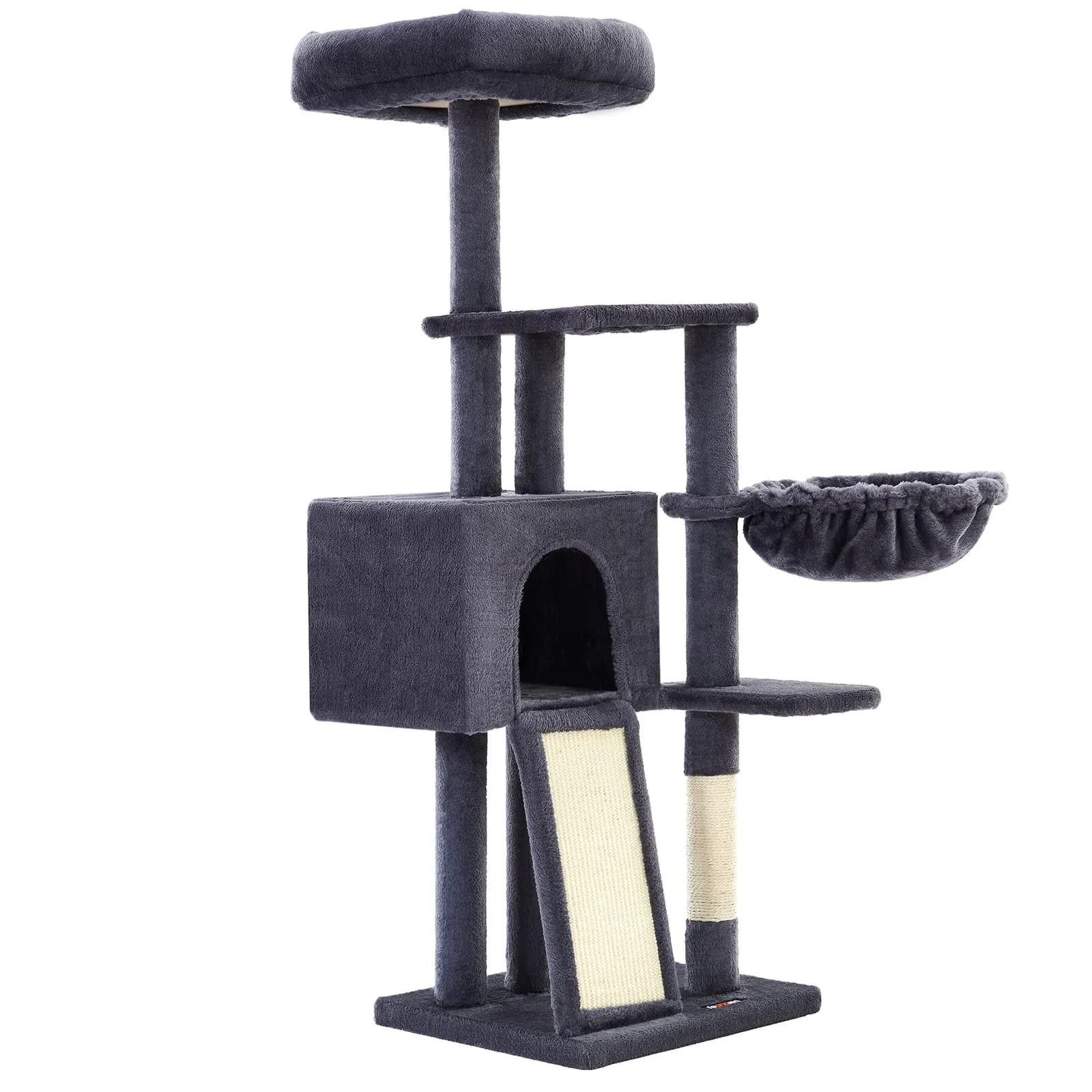 Árbol para gatos FEANDREA, 135 cm, varios niveles, con plataforma extraíble y lavable, rascador, cesta y cueva, gris oscuro