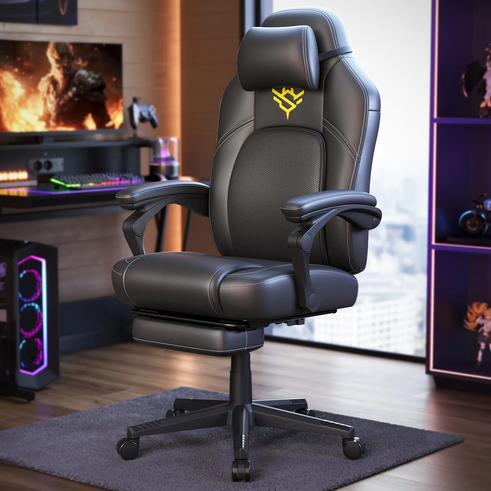 Silla Gaming Ergonómica de Cuero Sintético, Negra, con Reposapiés y Reposacabezas Ajustable