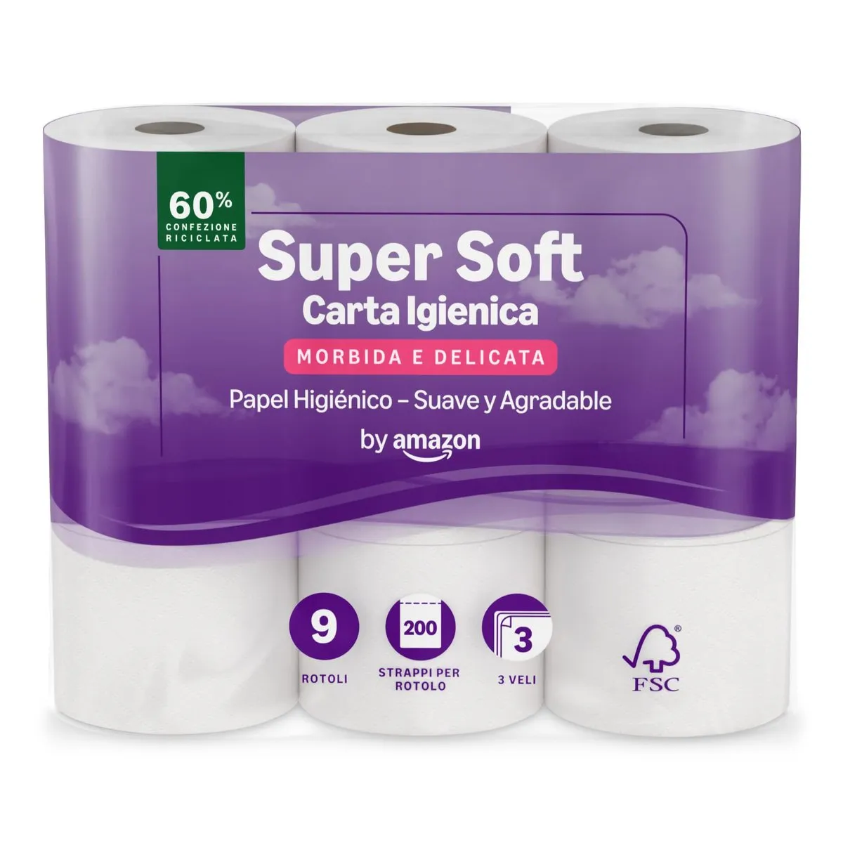 Papel Higiénico by Amazon Supersuave 3 Capas, 9 Rollos (1 Paquete de 9), 200 Hojas/Rollo