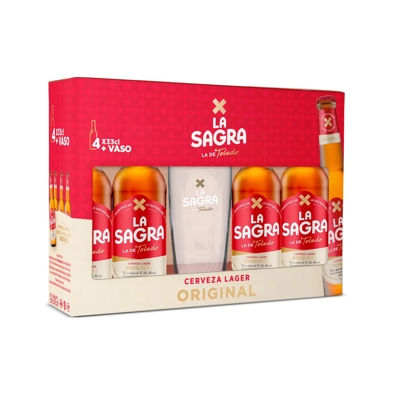 Pack 4 Cervezas La Sagra Lager 330ml + Vaso 1/2 Pinta
