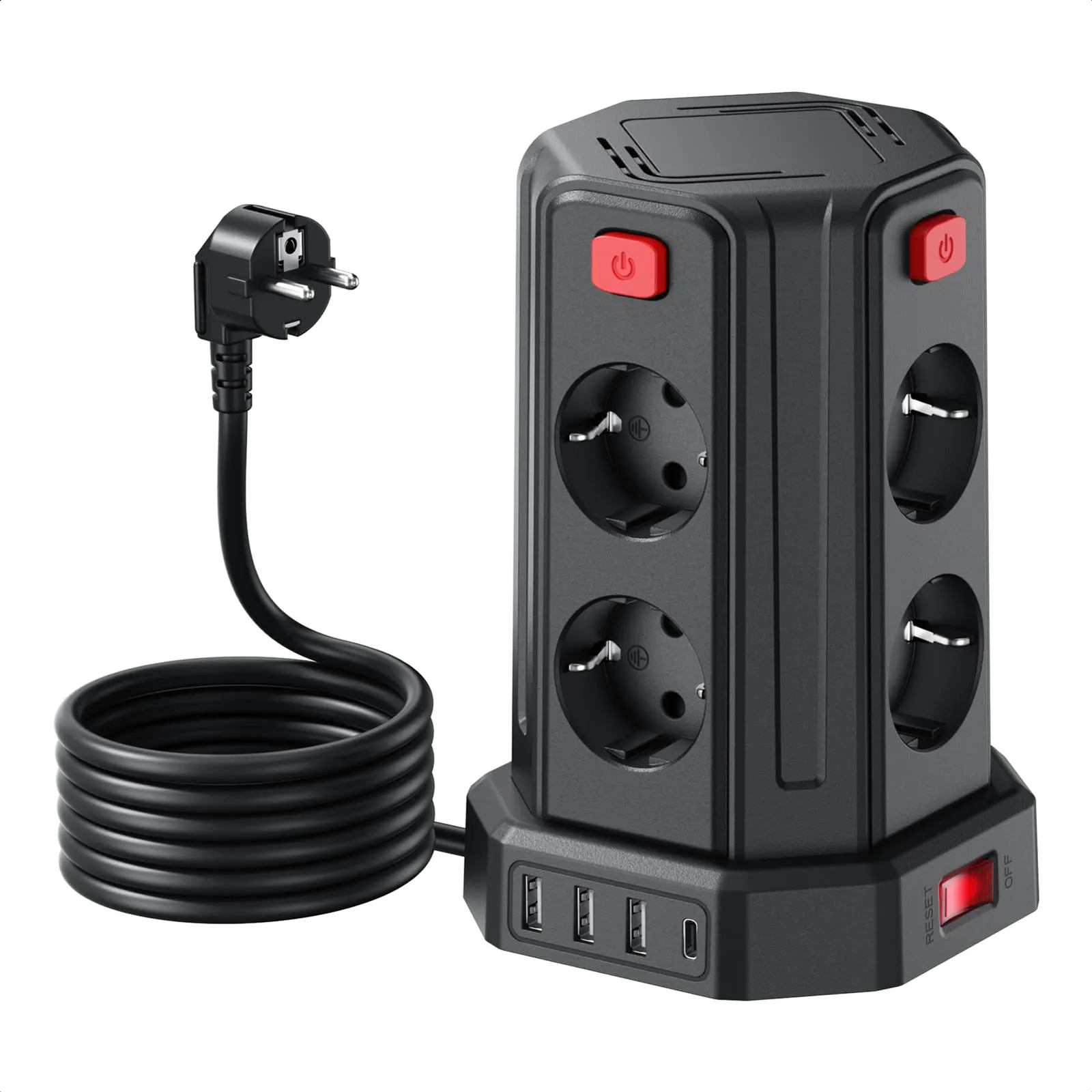 Regleta Torre 8 Enchufes AC + 4 USB, Cable 3M, 2500W