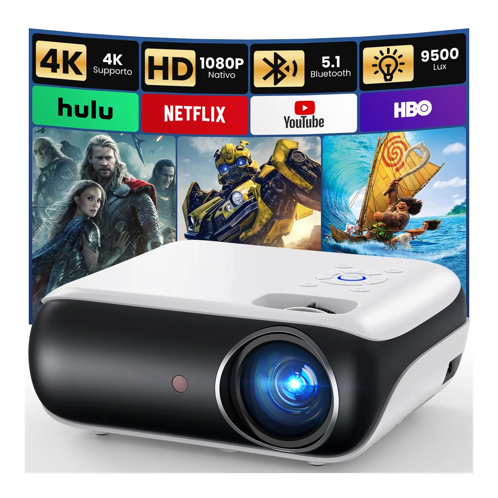 Proyector 4K con Bluetooth 5.1 para exteriores, compatible con TV Stick, smartphone y laptop