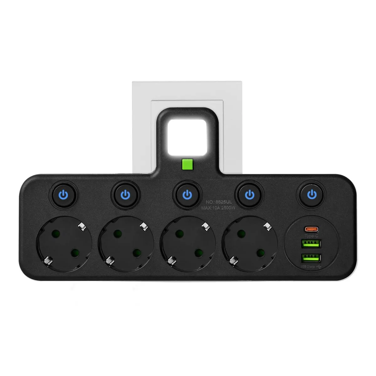 Ladron Enchufes 8 en 1 con 4 Tomas CA, USB C, Luz Nocturna e Interruptores