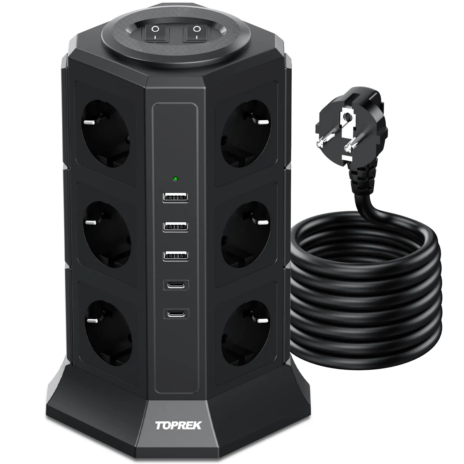 Regleta vertical 12 enchufes Schuko, 2 USB C, 3 USB A y 2 interruptores
