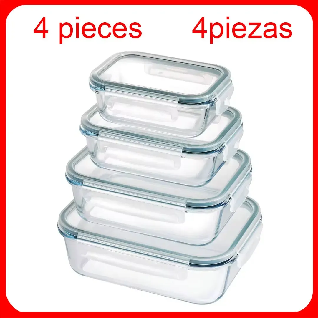 Juego 4 recipientes de cristal de borosilicato con tapas herméticas