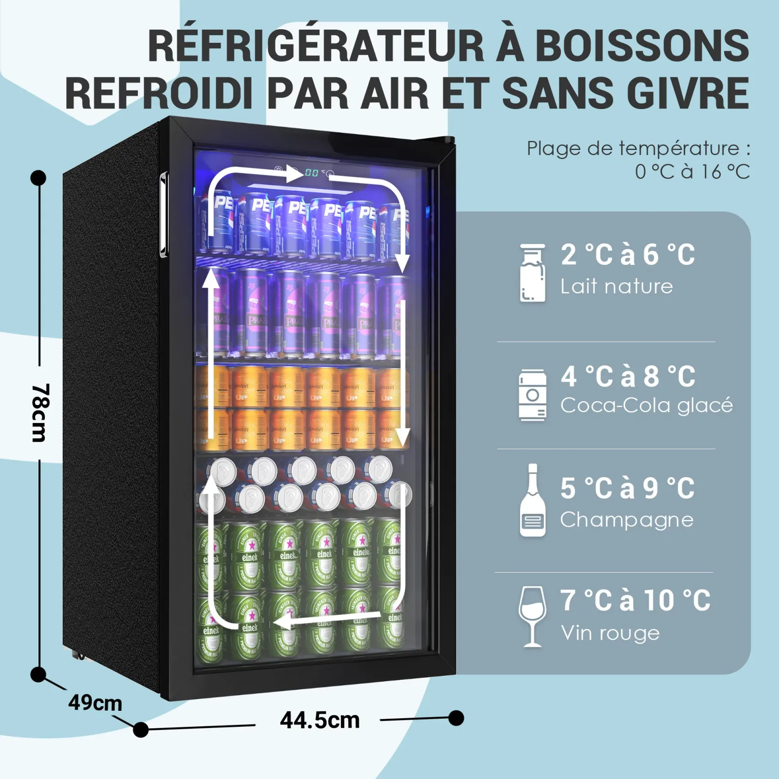 Frigorífico de bebidas 90 L para 126 latas con puerta de cristal y No Frost
