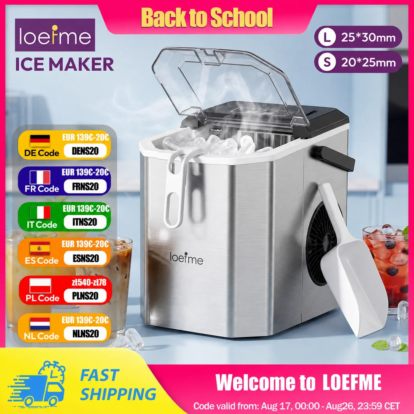 Máquina de Hielo Portátil Loefme 12kg/24h, 9 Cubos/6min, 2 Tamaños