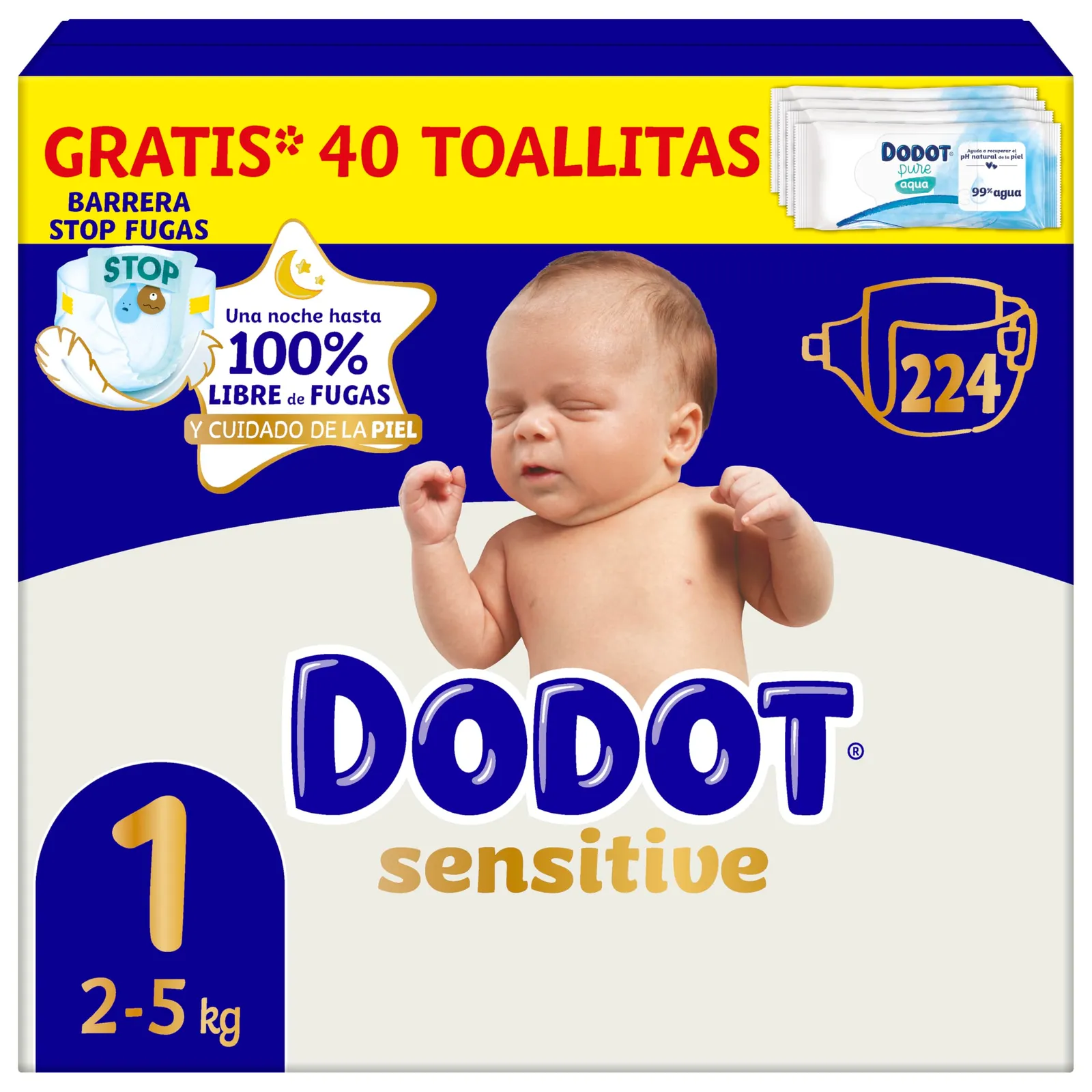 Dodot Sensitive Talla 1 Pañales (2-5kg) 224uds + 40 Toallitas Aqua Pure