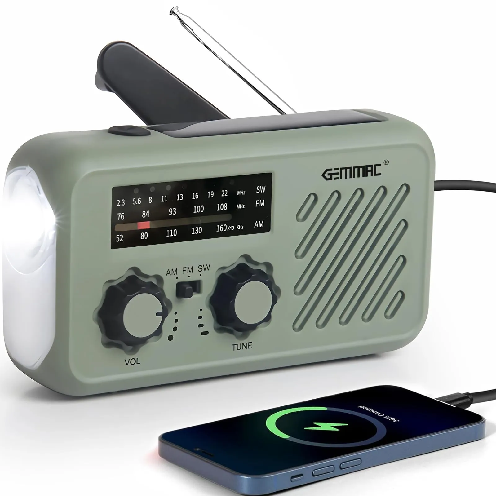 Radio de dinamo con manivela, linterna LED, luz de lectura y power bank 2000mAh con alarma SOS