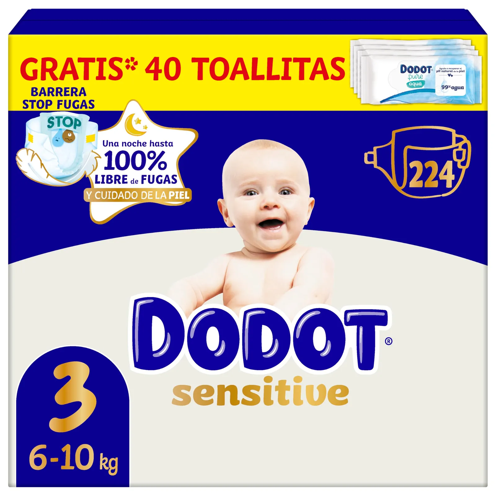 Pack 224 Dodot Sensitive Talla 3 (6-10kg) + 40 Toallitas