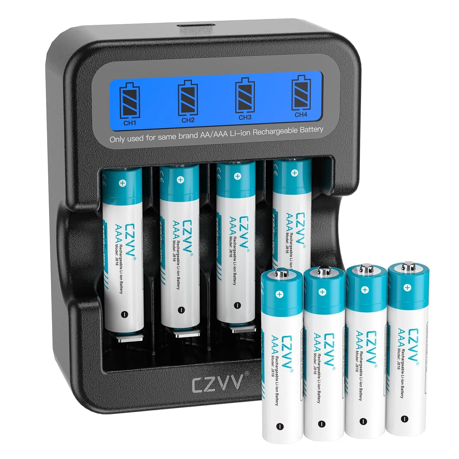 8 Pilas AAA Recargables CZVV de Litio con Cargador LCD