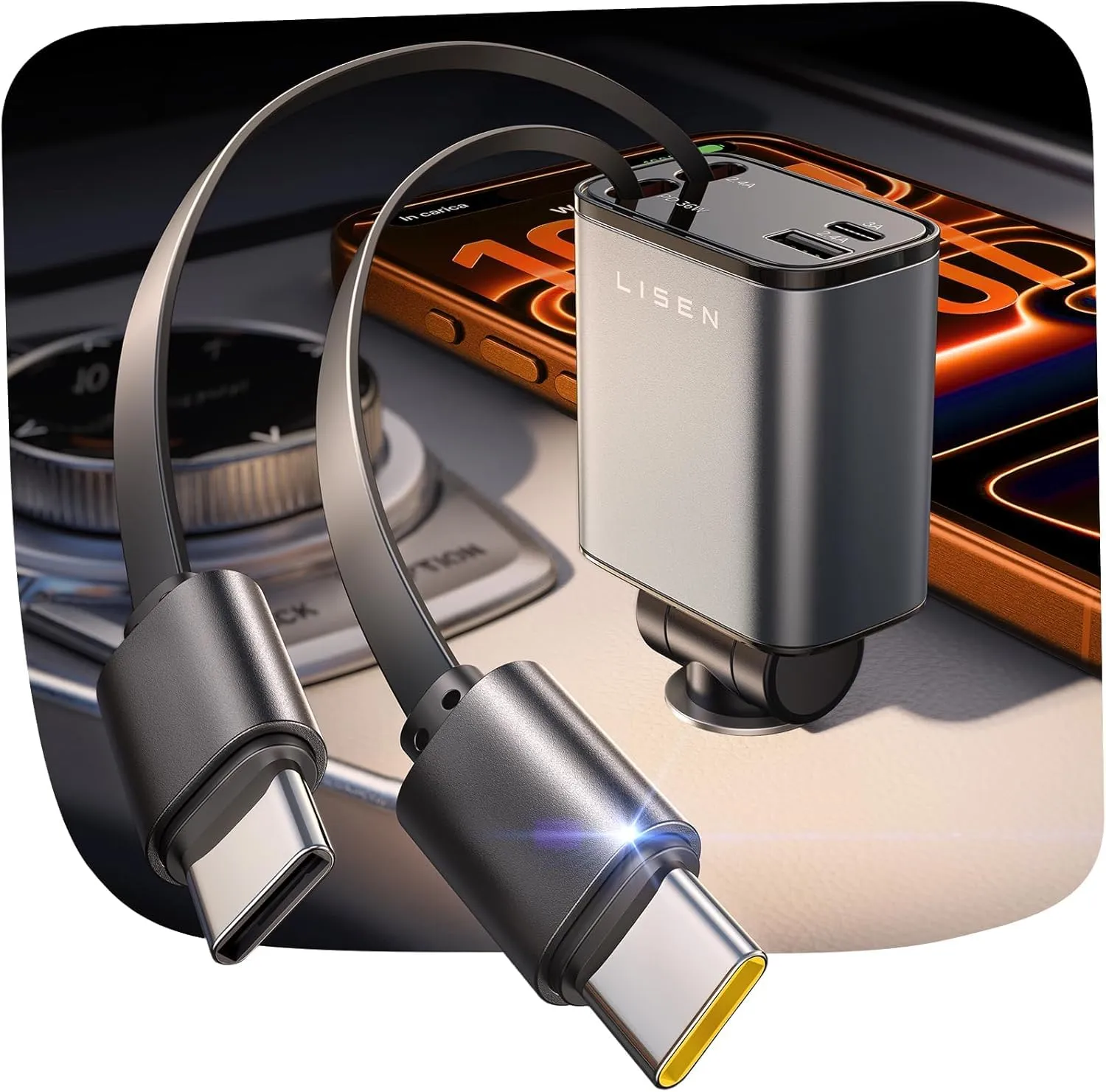 LISEN Cargador Coche USB-C Retráctil 84W Carga Rápida PD45W