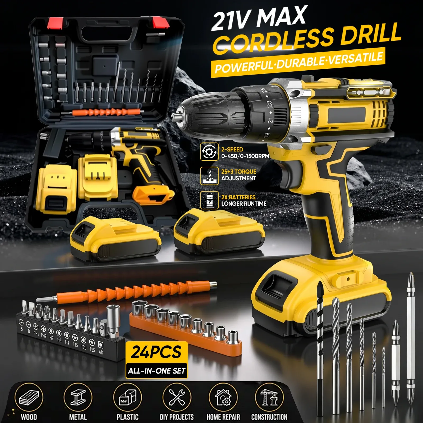 Taladro de Impacto Inalámbrico 21V con 25+3 Ajustes