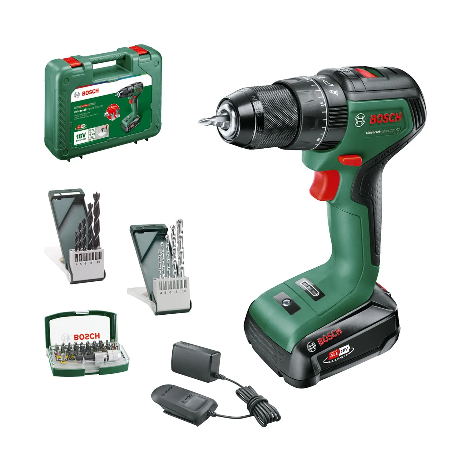 Taladro Percutor Bosch UniversalImpact 18V-60 con 42 Brocas, Batería y Maletín