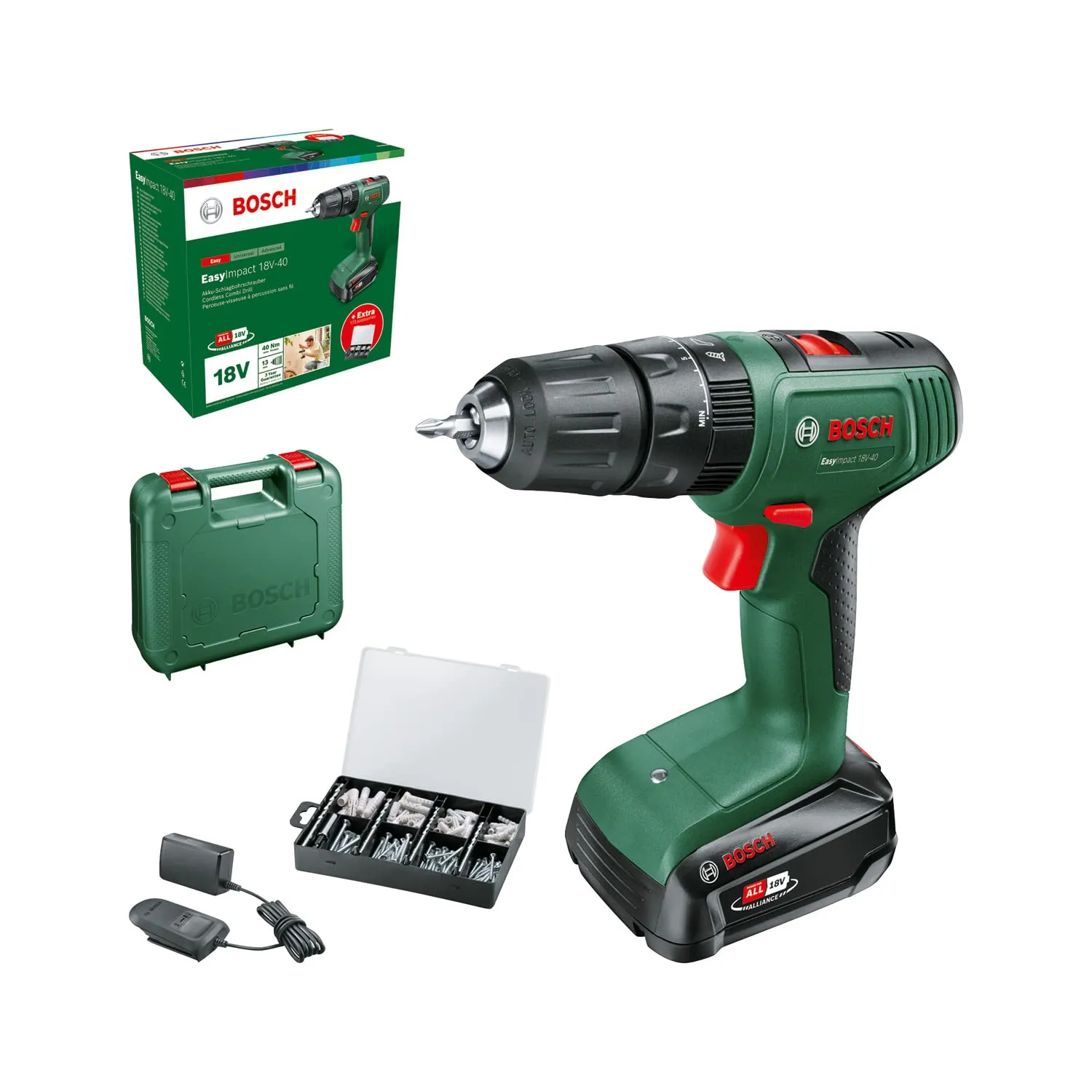 Taladro percutor Bosch EasyImpact 18V con batería 2.0 Ah, 173 accesorios y maletín