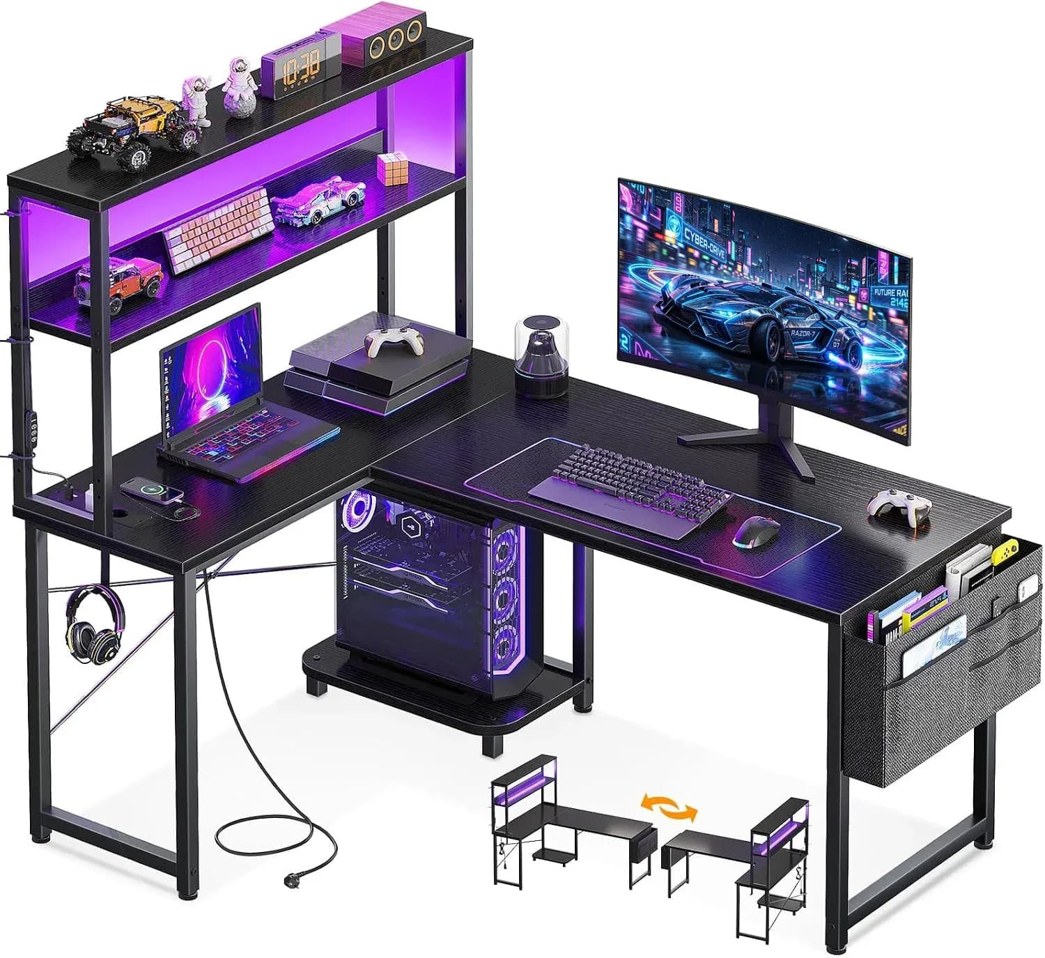 Escritorio gaming esquinero L 110x80cm con LED y enchufes