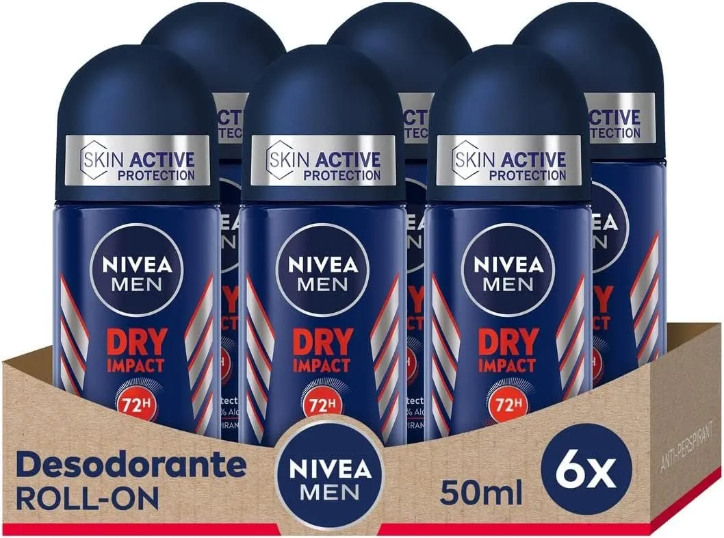 NIVEA MEN Dry Impact Desodorante Antitranspirante Roll-on Hombre 72h Protección (Pack 6 x 50 ml)