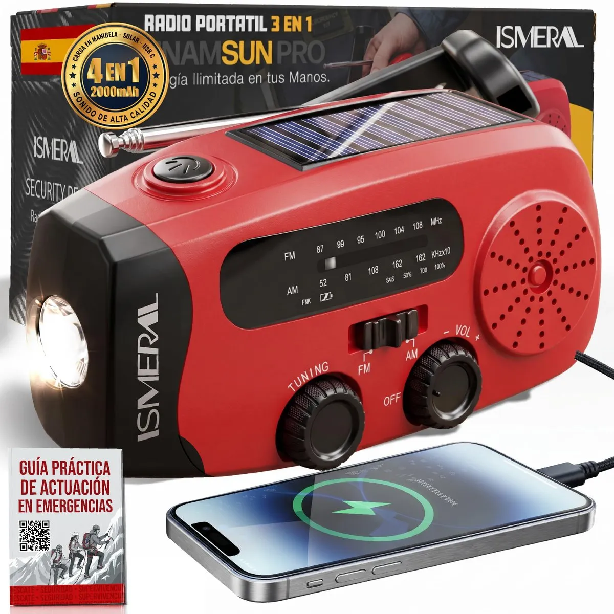 Radio de emergencia AM/FM con batería 2000 mAh, manivela y linterna LED