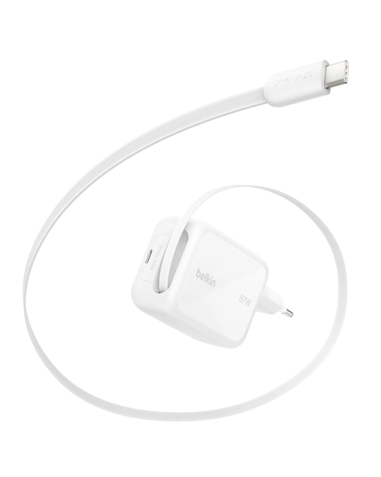 Cargador Belkin USB-C GAN con Cable Retráctil, Carga Rápida para iPhone y Galaxy