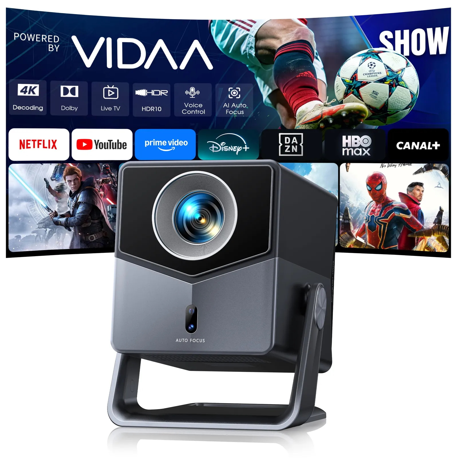 Proyector 4K Portátil con Auto Focus y Keystone, 1080P HDR10, Zoom 50%