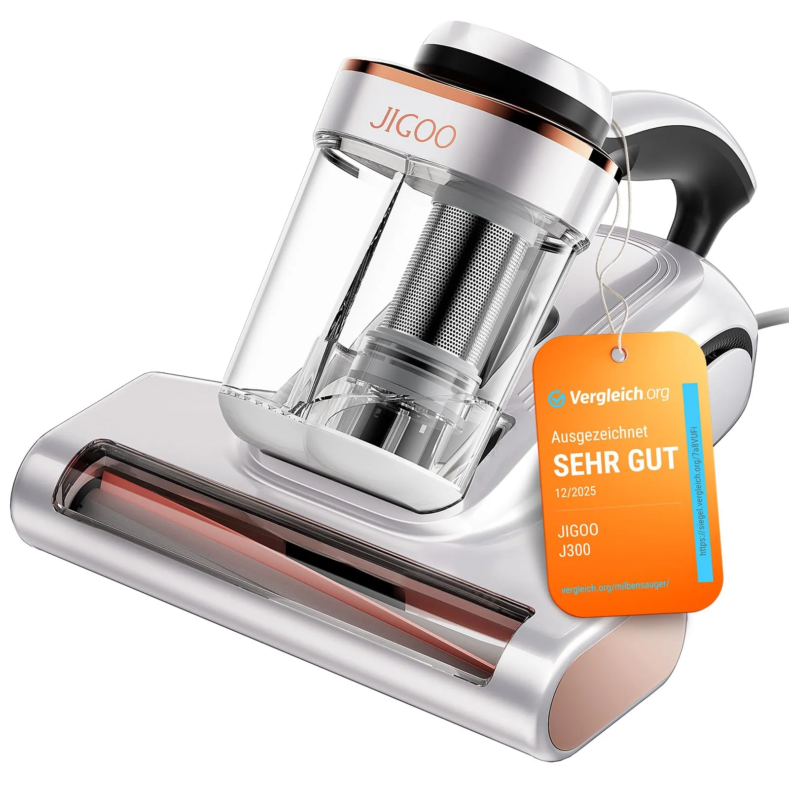 JIGOO J300 Aspirador de Ácaros, 500W, Doble Taza, Luz UV, Sensor, Pantalla Digital