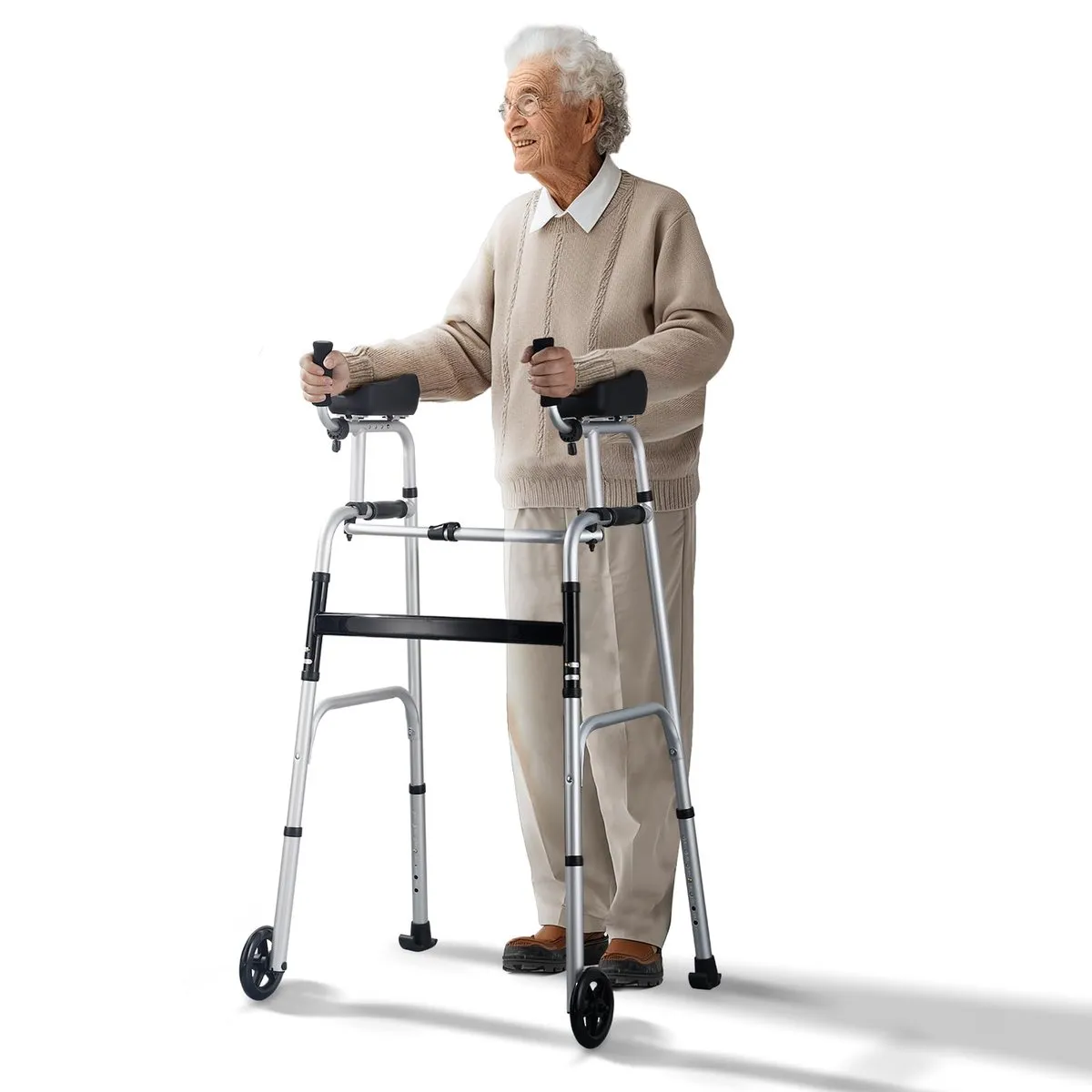 Andador plegable 2 en 1 con reposabrazos extraíbles y altura regulable