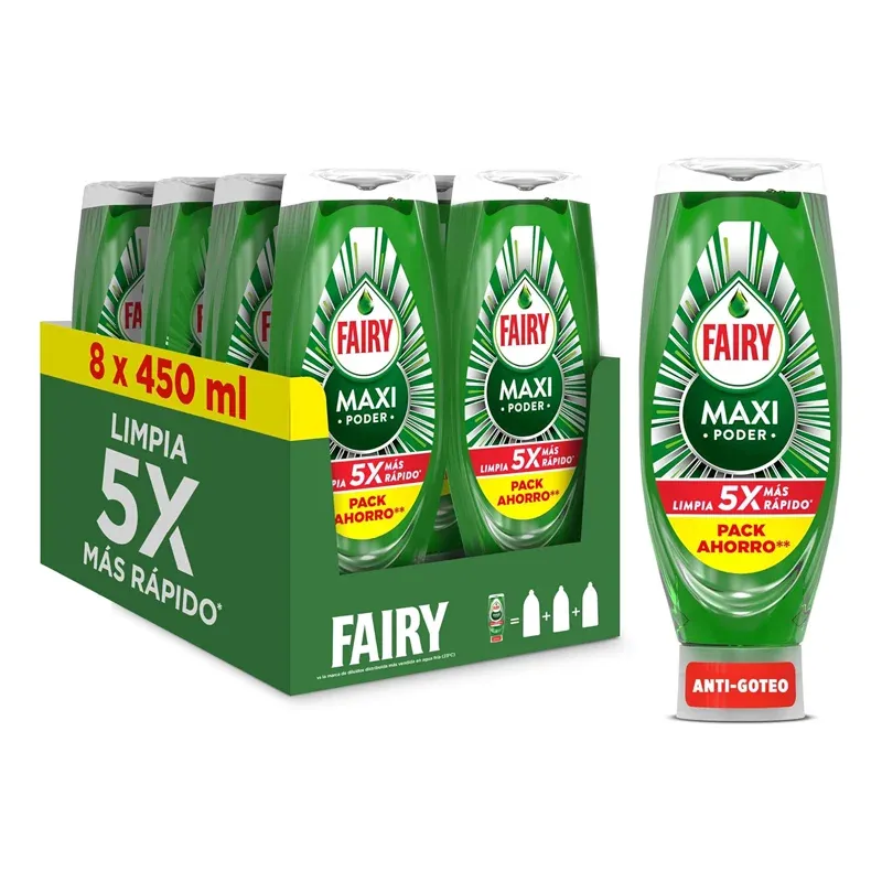 Pack de 8 botes de lavavajillas a mano Fairy Maxi Poder de 450 ml