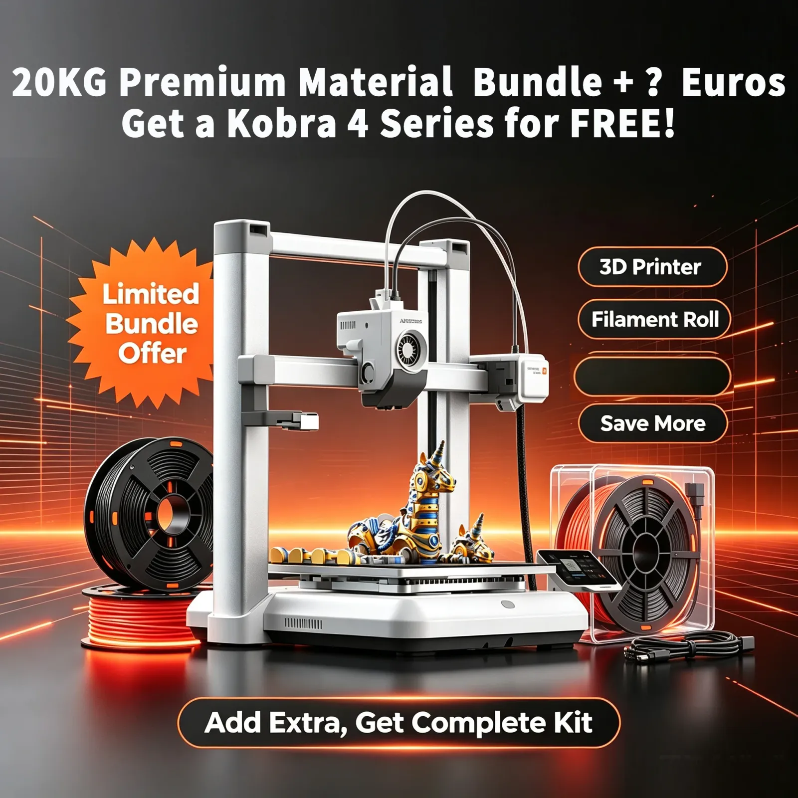 Impresora 3D ANYCUBIC Kobra 4 + 20 kg Filamento PLA