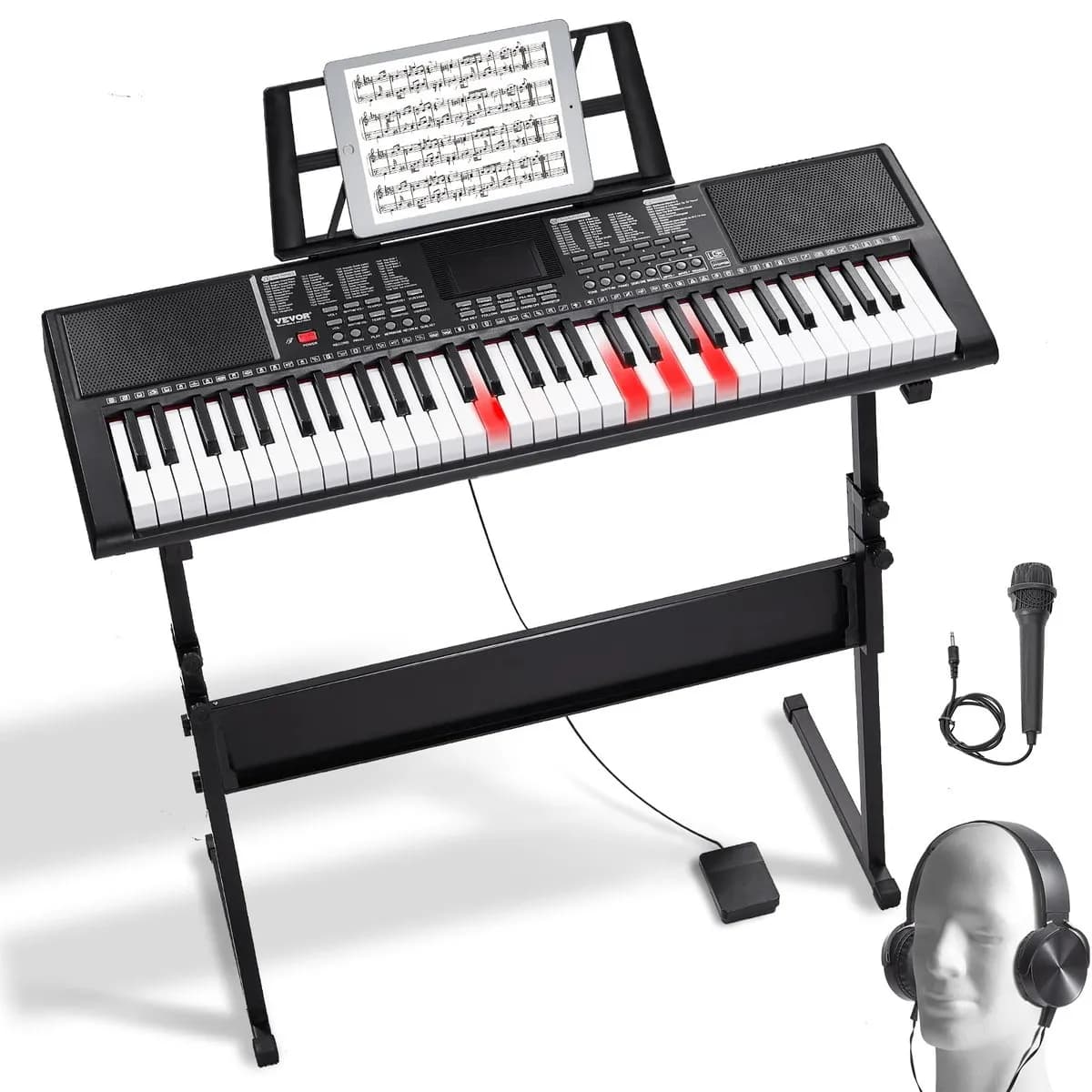 Teclado digital VEVOR BD-662, 61 teclas iluminadas, con soporte, pedal, auriculares y micrófono