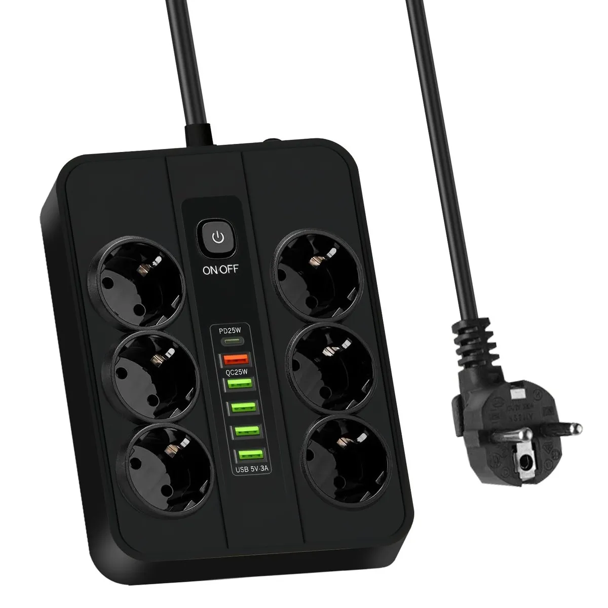 Regleta con 12 conexiones: 6 tomas, 5 USB-A y 1 USB-C, 2m