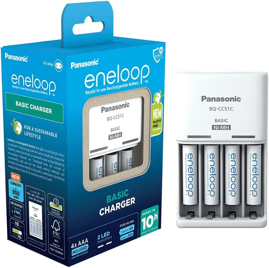Cargador Panasonic Eneloop con 4 Pilas AAA Recargables (Mínimo Histórico)