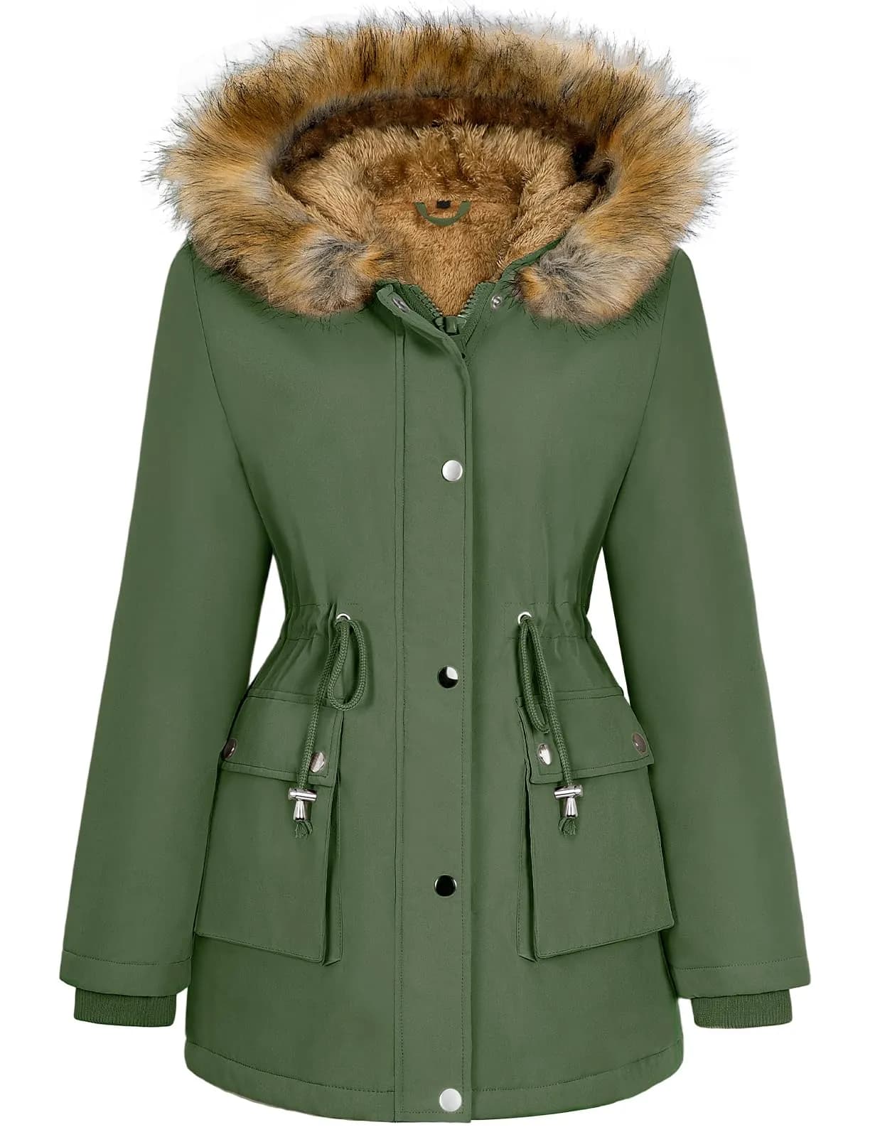 Parka Xnova Mujer Invierno Forro Polar Impermeable con Capucha Pelo Verde Militar Talla L