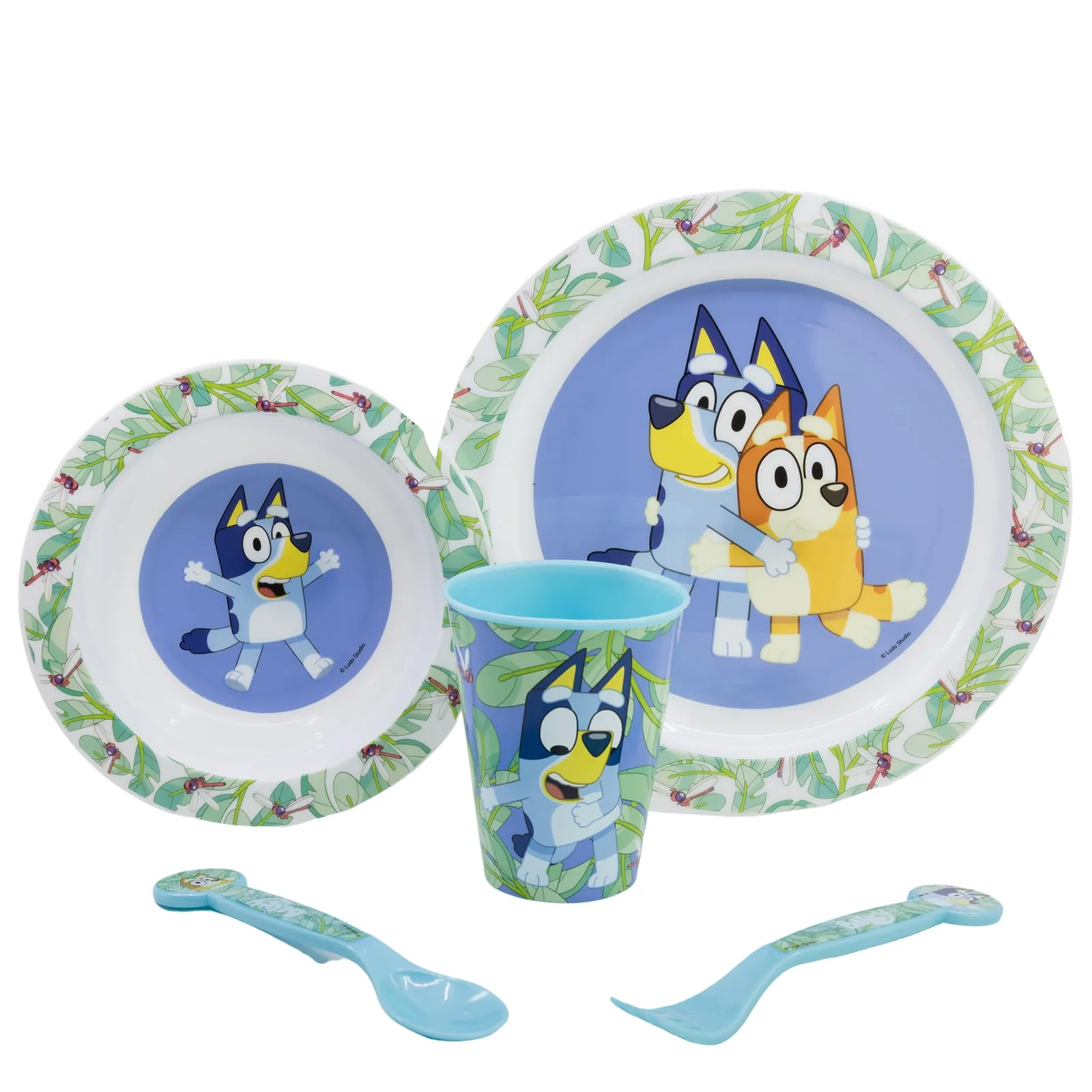 Set de vajilla infantil Bluey 5 piezas (plato, cuenco, vaso y cubiertos) en caja