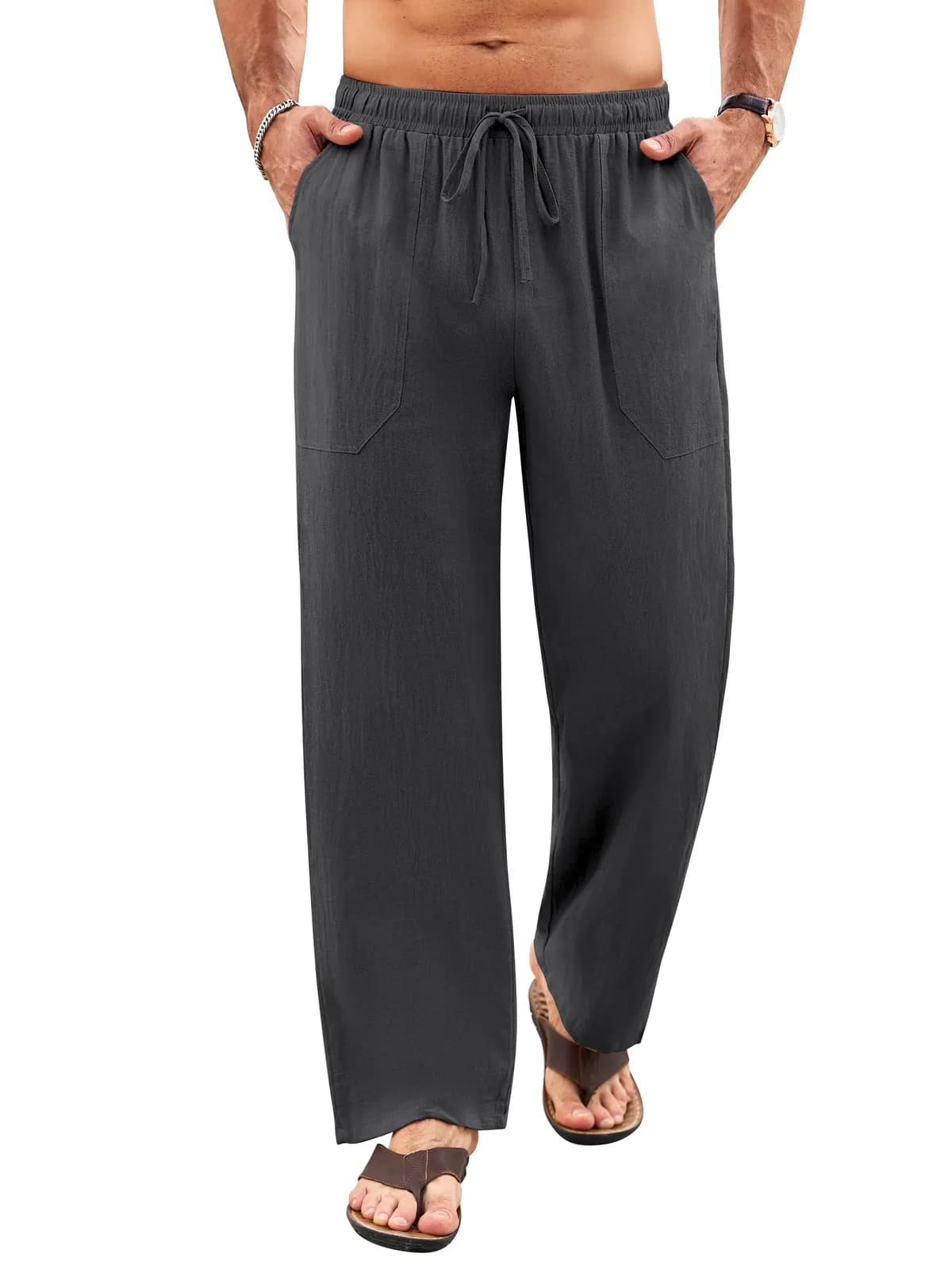 Litthing Pantalones Lino y Algodón Hombre Verano con Bolsillos Gris Oscuro XXL