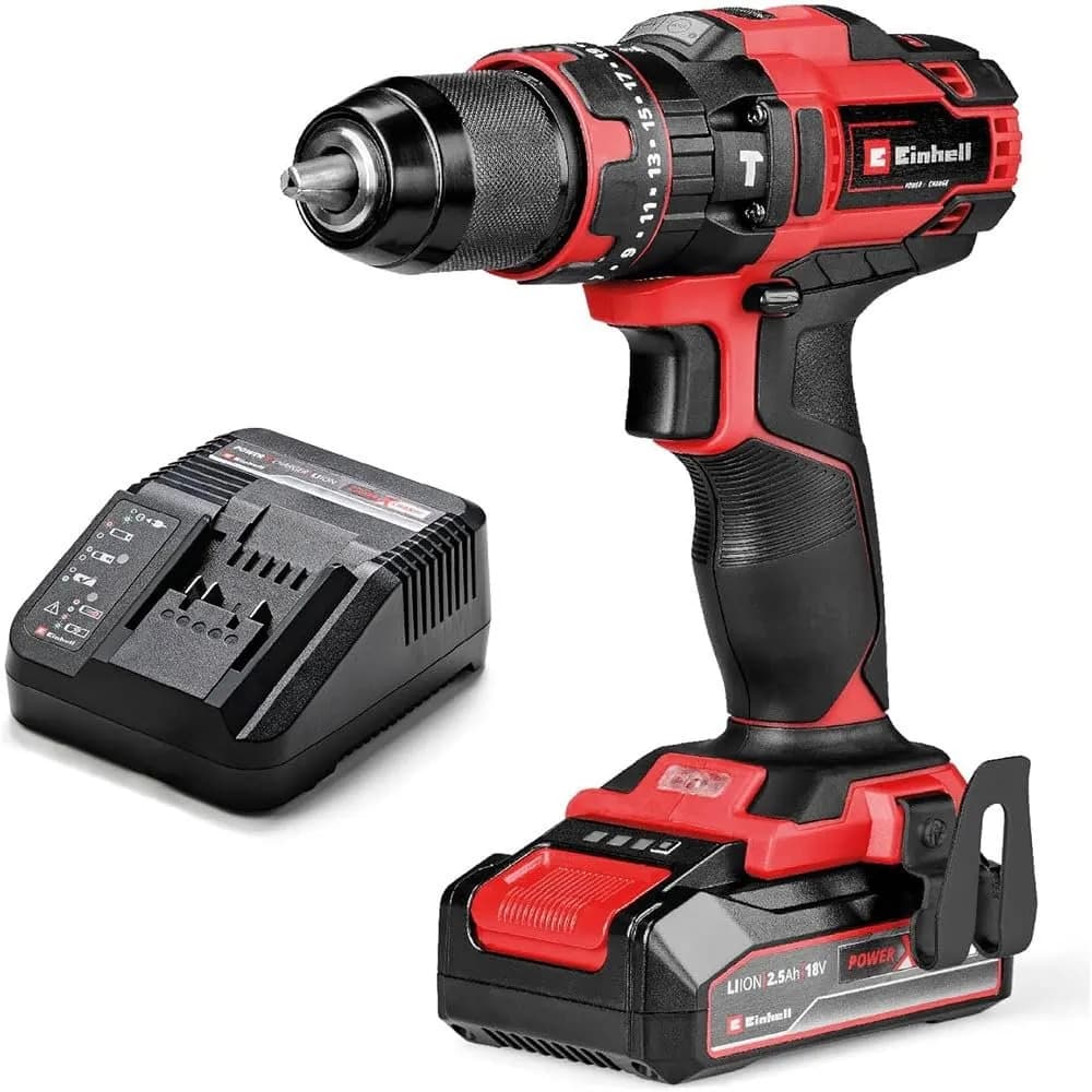 Einhell Taladro Percutor a Batería TE-CD 18/44 Li-i Power X-Change (18V, 44 Nm) con Batería 2.5 Ah y Cargador