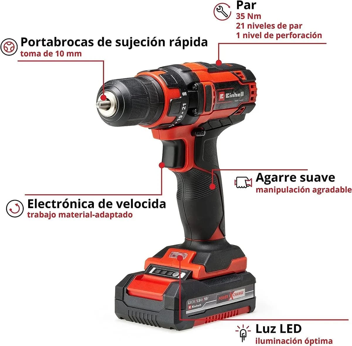 Taladro atornillador Einhell TC-CD 18/35 Li PXC: 18V, 35 Nm, LED (1x1.5Ah)