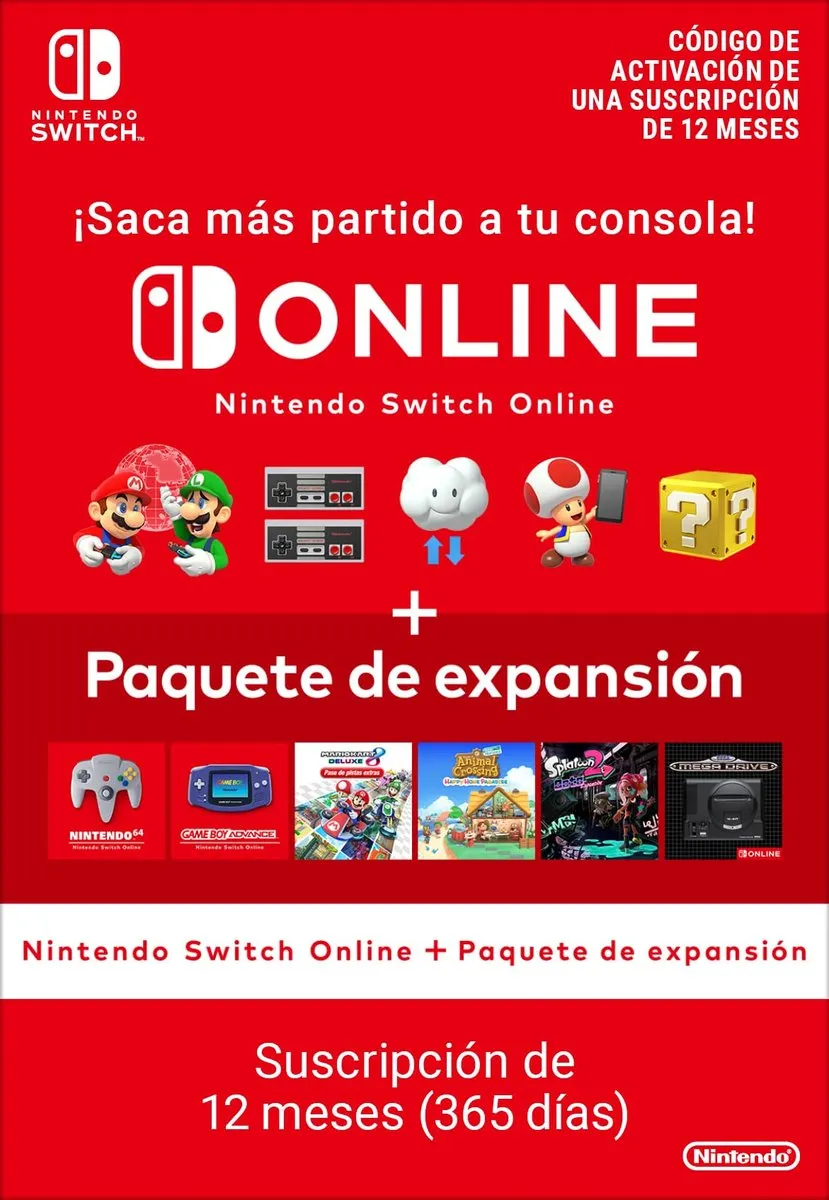 Nintendo Switch Online + Paquete de Expansión: 12 Meses Suscripción Individual (Código Descarga)
