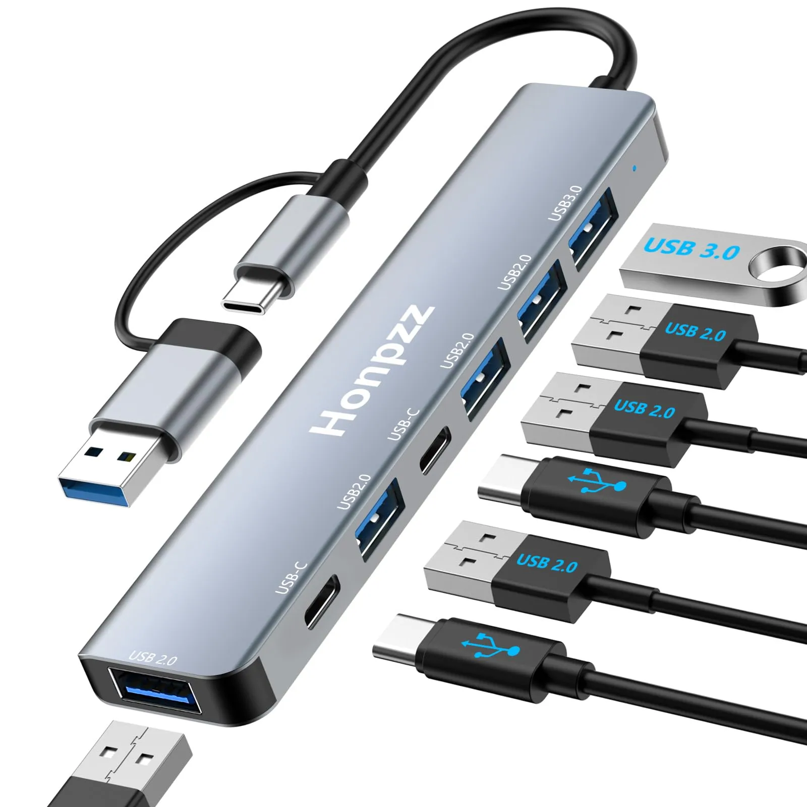 Hub USB-C 7 en 1 con 1x USB 3.0 5Gbps, 4x USB 2.0 y 2x USB-C