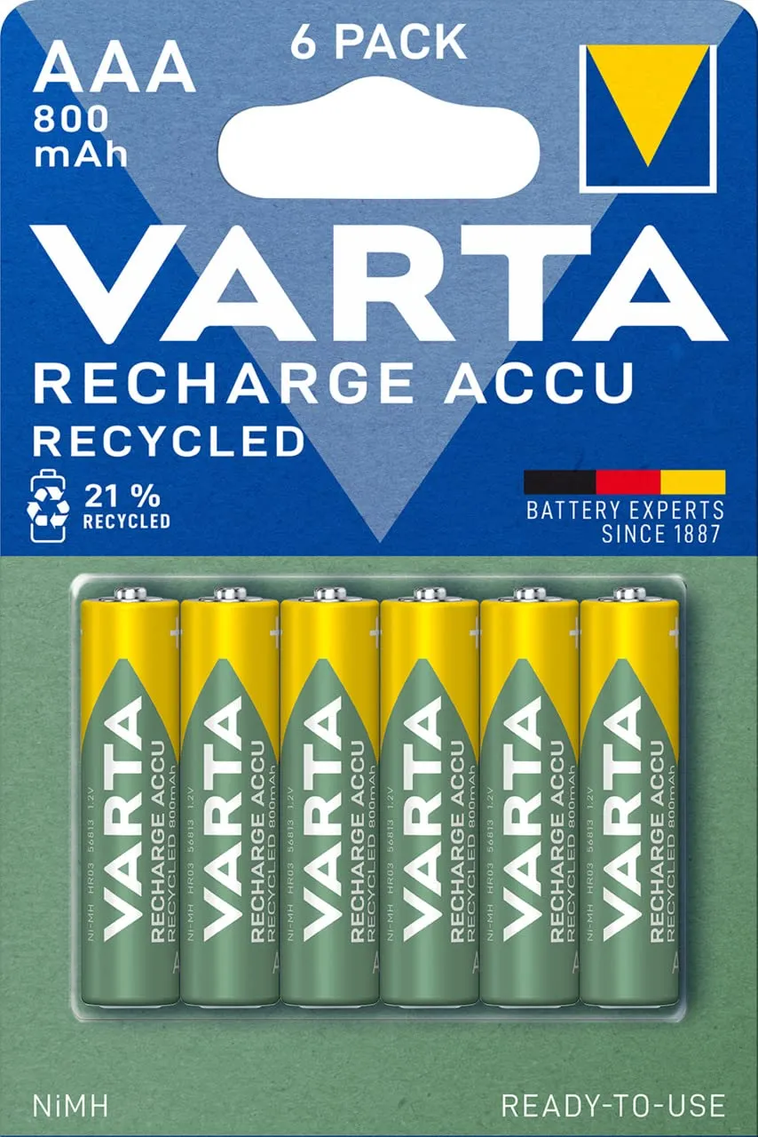 Pilas Varta NiMh AAA Micro Recargables (6 unidades, 800 mAh, 11% recicladas)