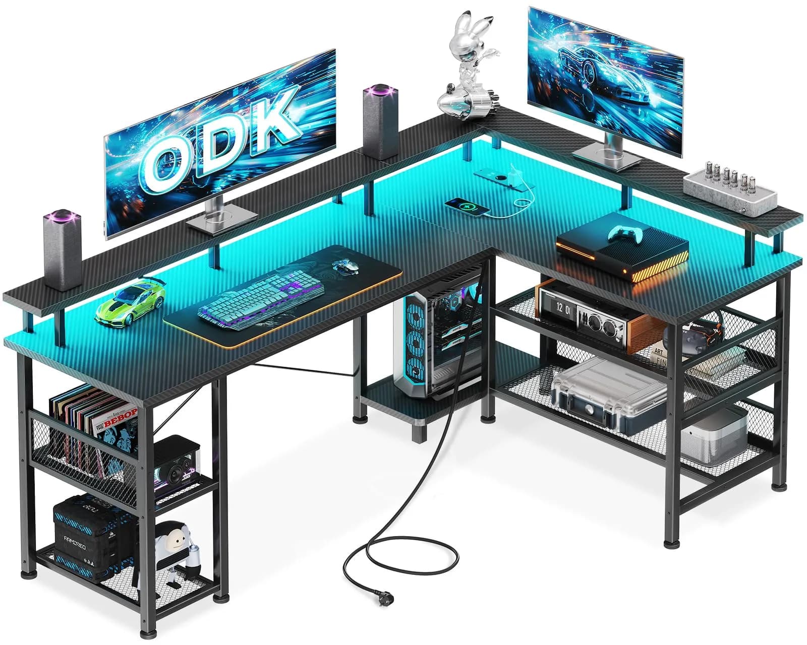 Escritorio Gaming ODK en L con LED, Fibra Carbono Negro, 150x102cm
